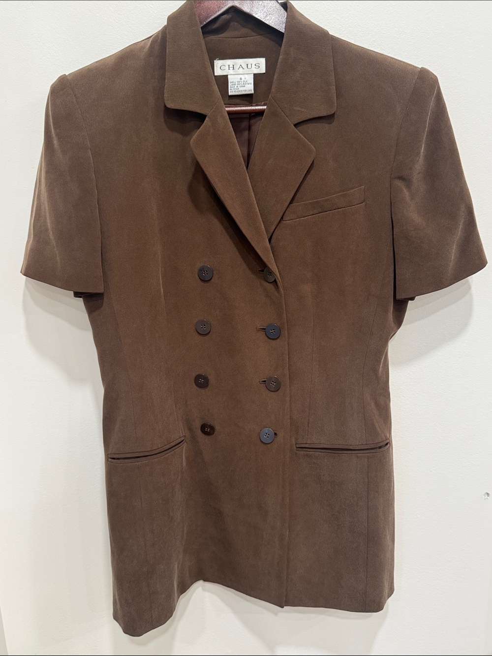 Vintage Chaus Brown 100% Silk Short Sleeve Double Breasted Blazer Size 6